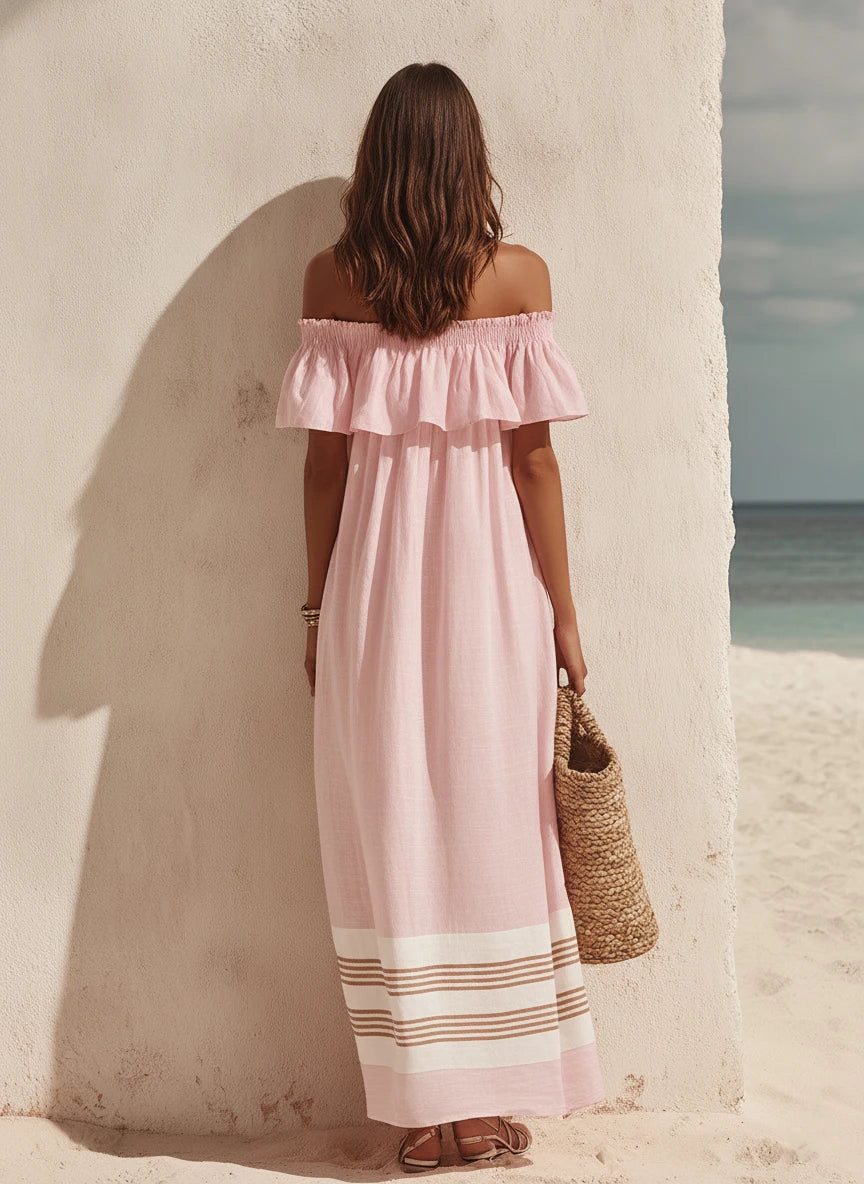 Off-Shoulder Ruffled Striped Maxi