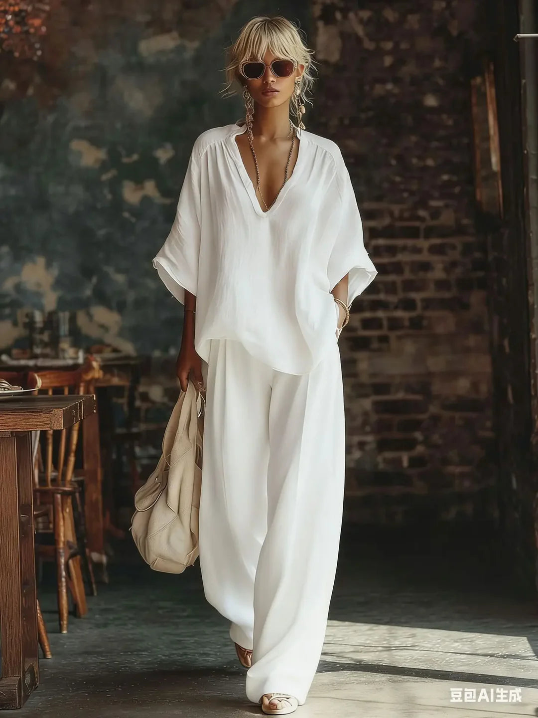 Relaxed V-Neck Pants Set