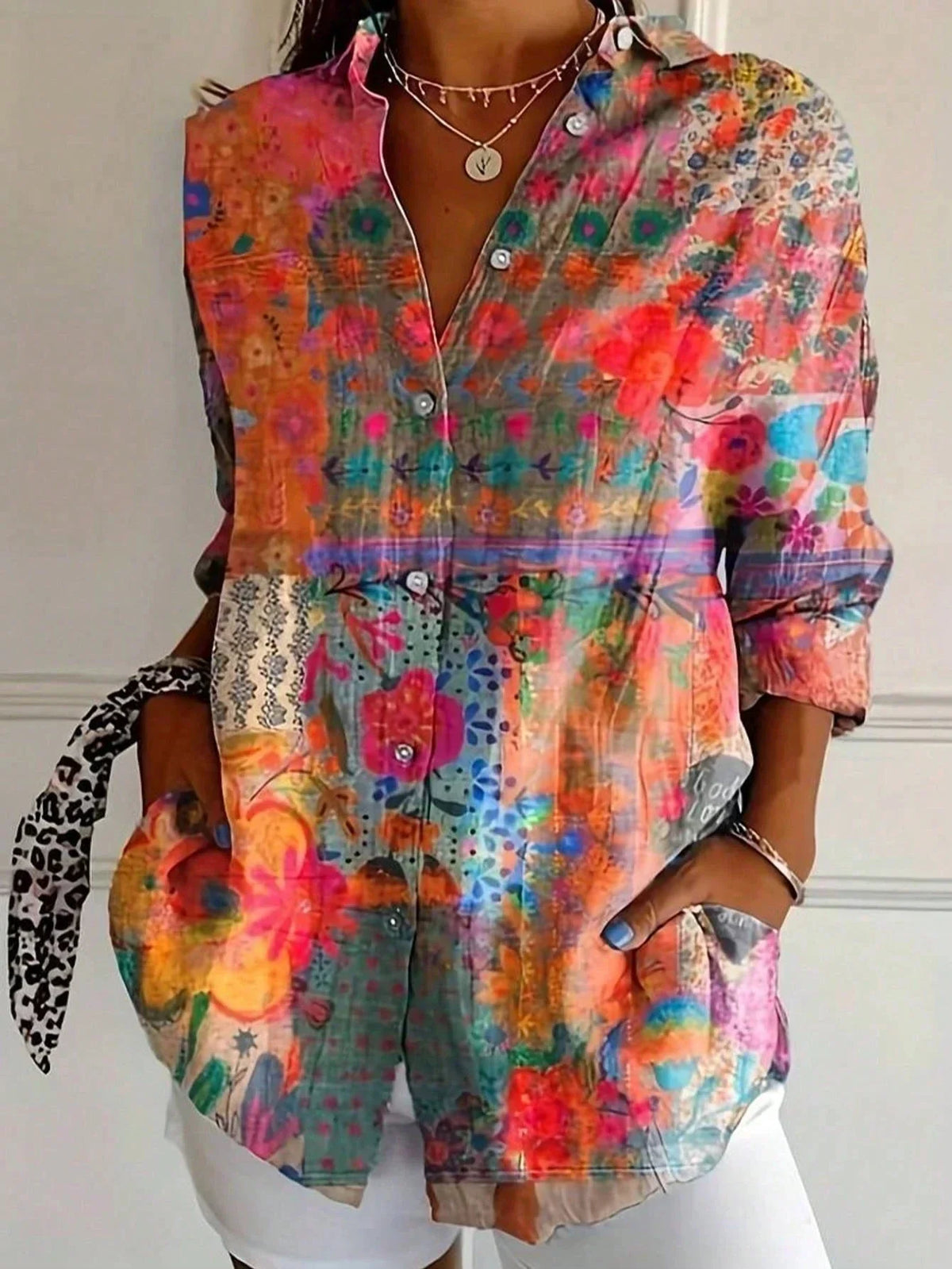 Abstract Print Button Front Blouse