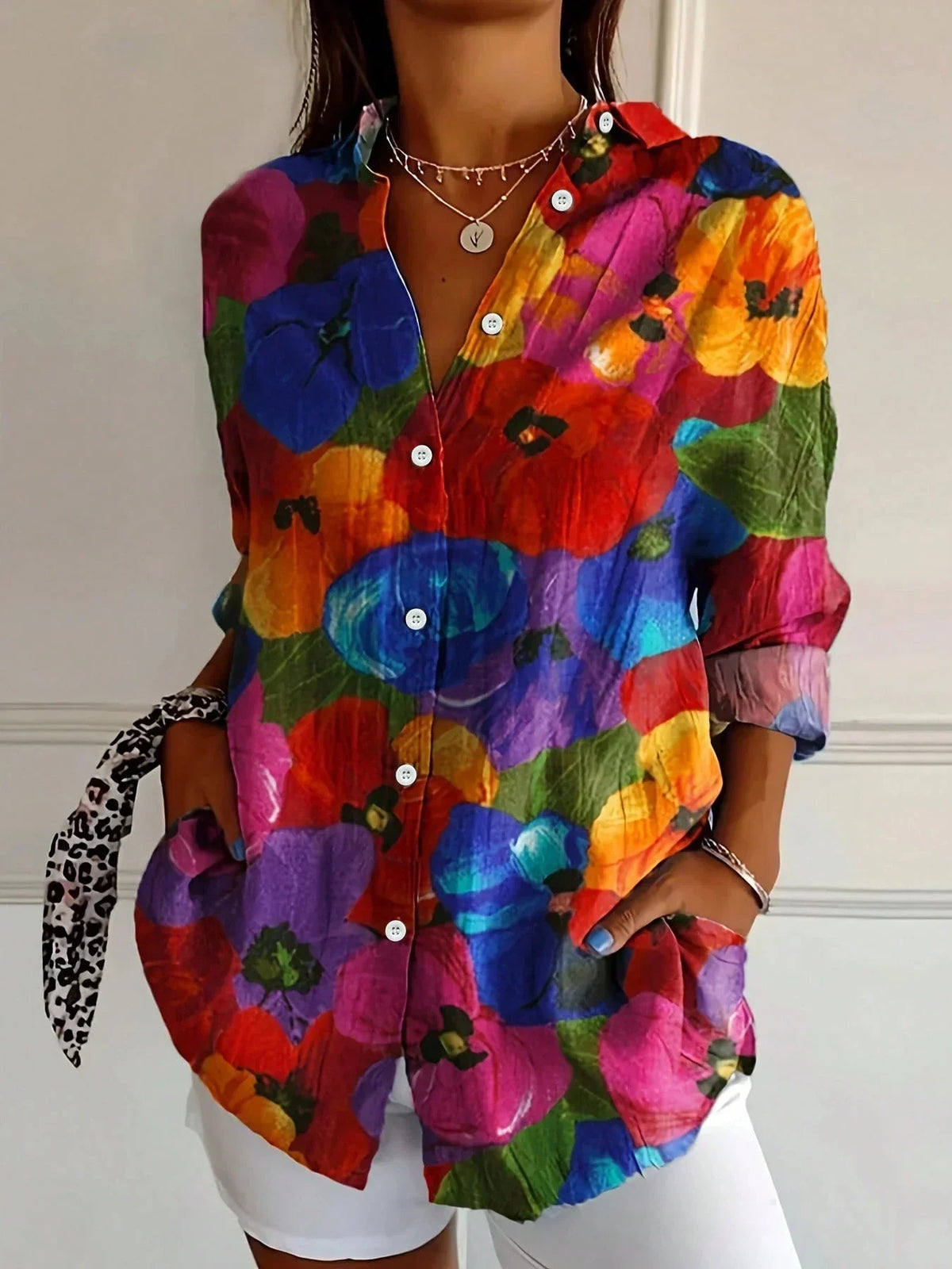 Abstract Print Button Front Blouse