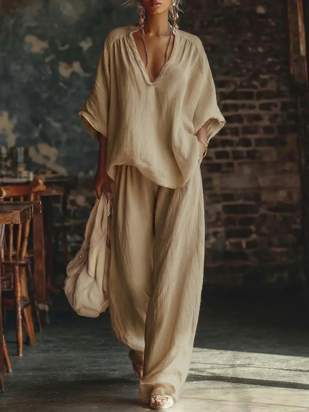Relaxed V-Neck Pants Set
