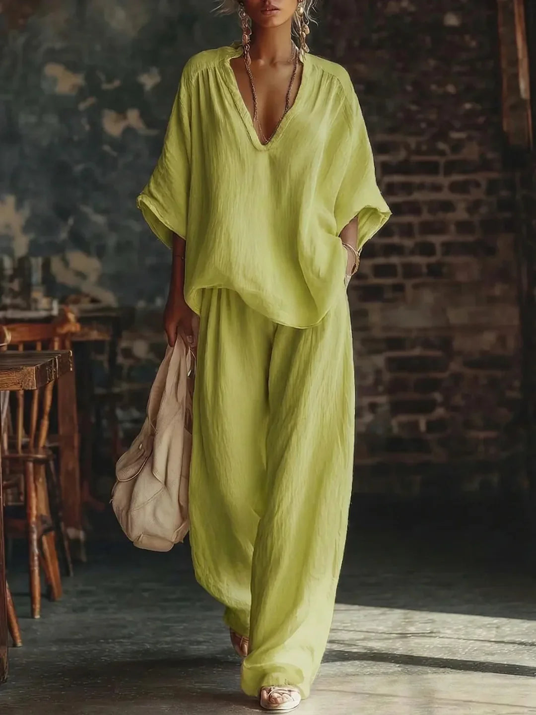 Relaxed V-Neck Pants Set