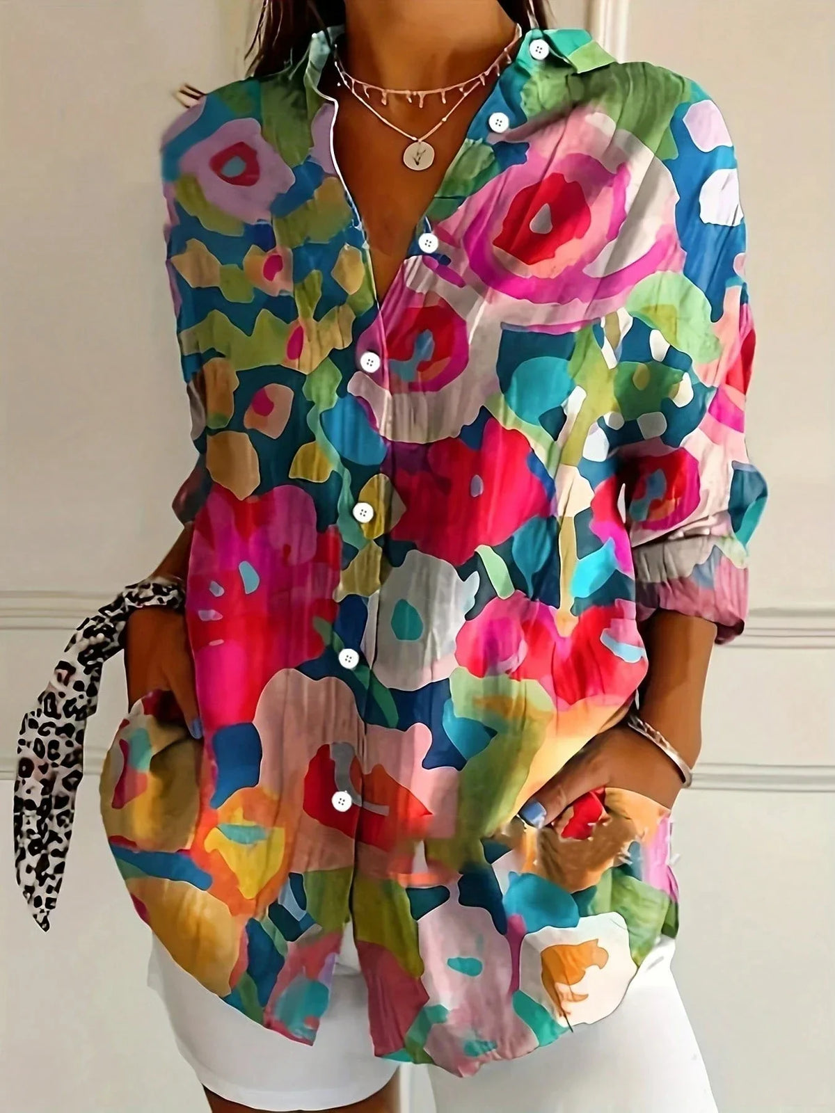 Abstract Print Button Front Blouse