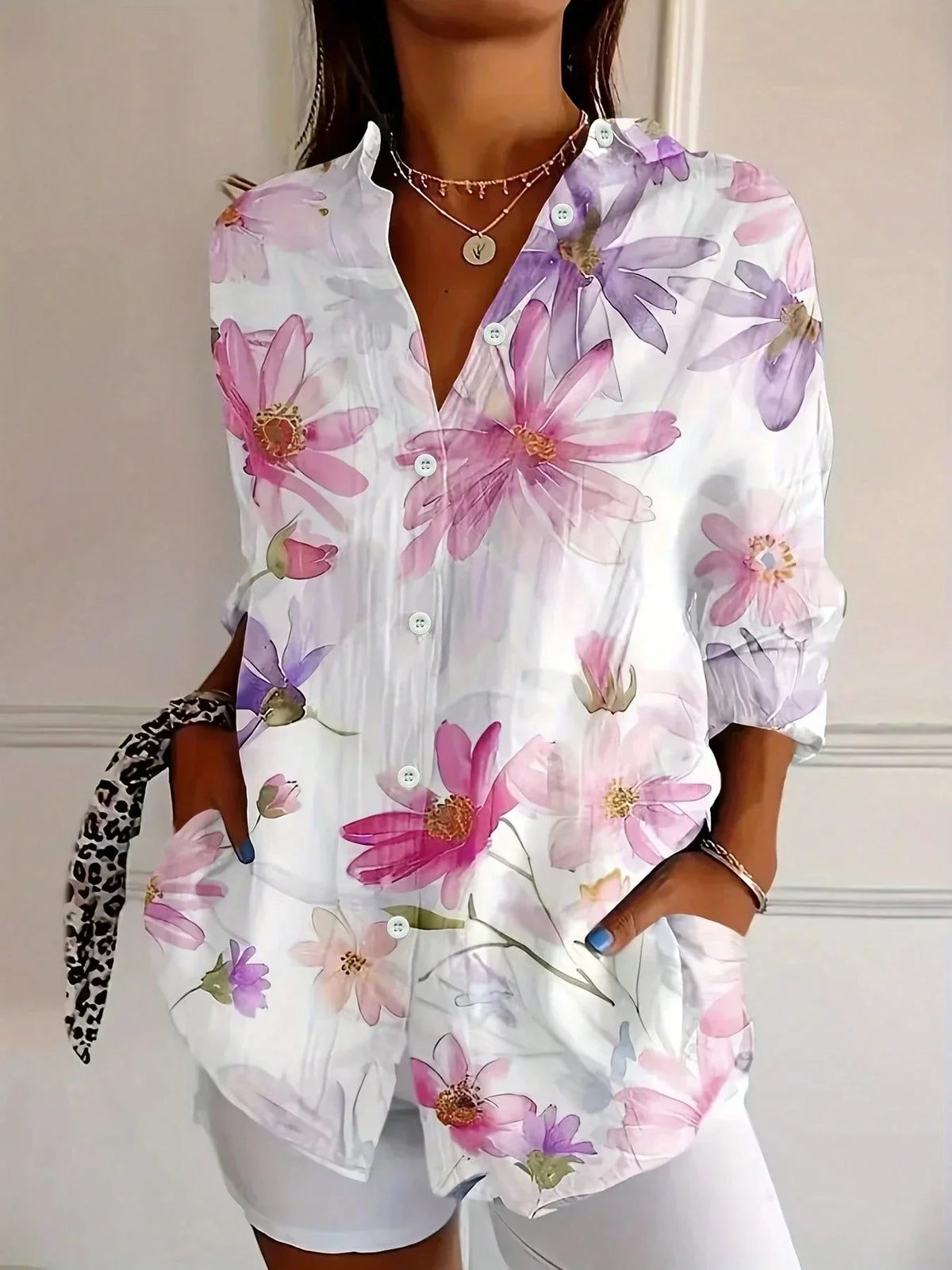 Abstract Print Button Front Blouse