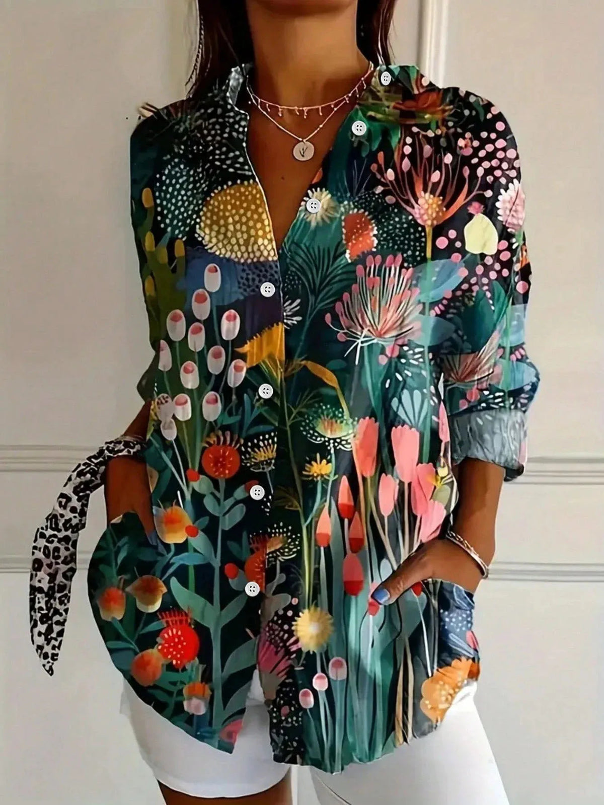 Abstract Print Button Front Blouse
