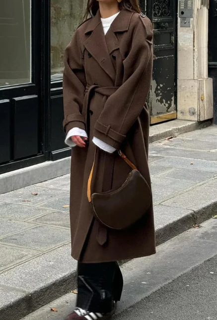Belted Double-Breasted Long Overcoat