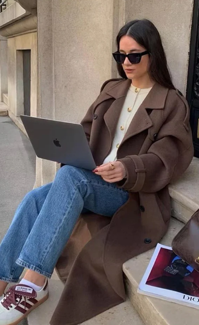Belted Double-Breasted Long Overcoat
