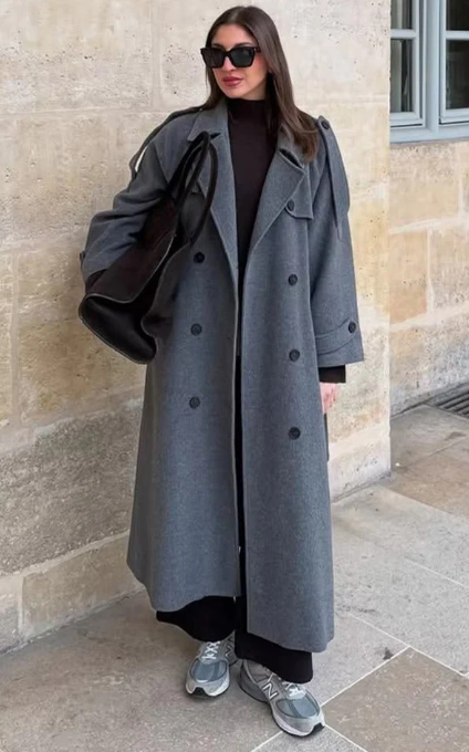 Belted Double-Breasted Long Overcoat
