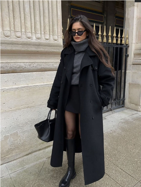 Belted Double-Breasted Long Overcoat