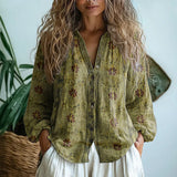 Vintage Leaf Print Button-Down Shirt
