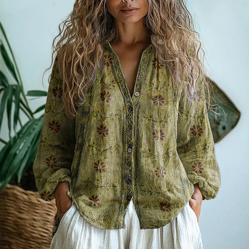 Vintage Leaf Print Button-Down Shirt