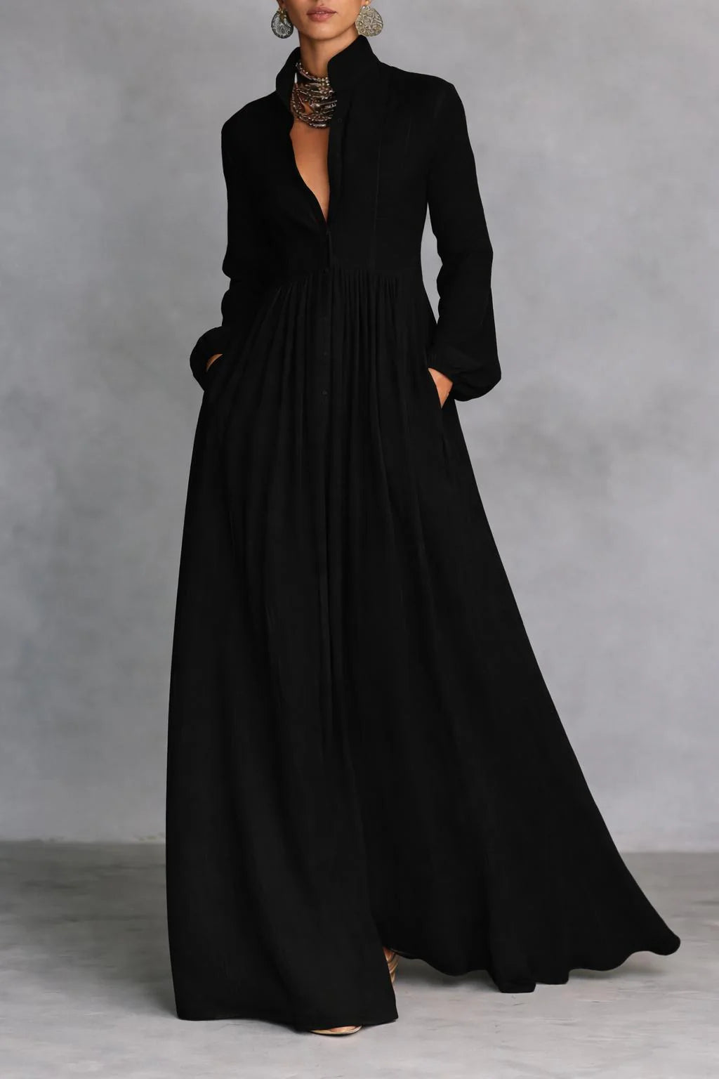 Long Sleeve Button-Front Maxi Dress