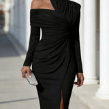 One Shoulder Draped Midi Dress
