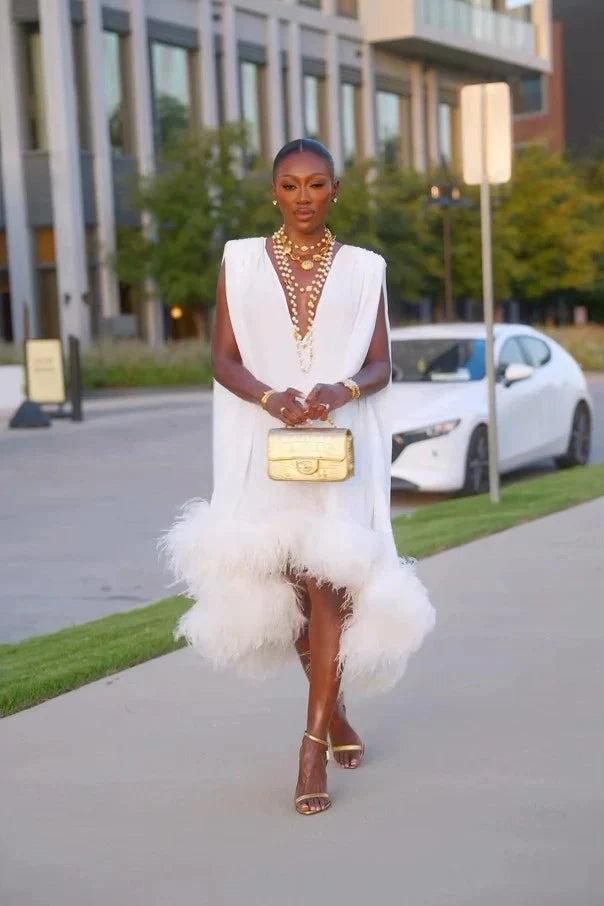 Deep V-Neck Feather-Trimmed Midi Dress