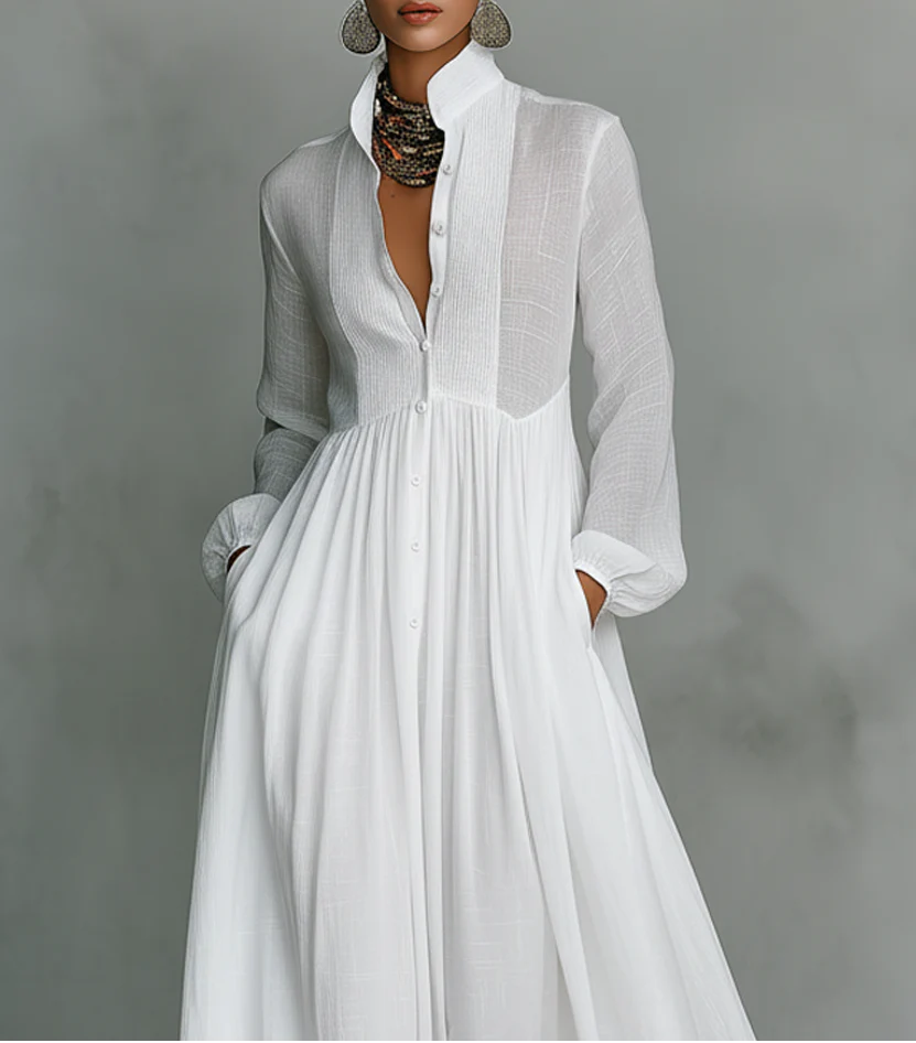 Long Sleeve Button-Front Maxi Dress