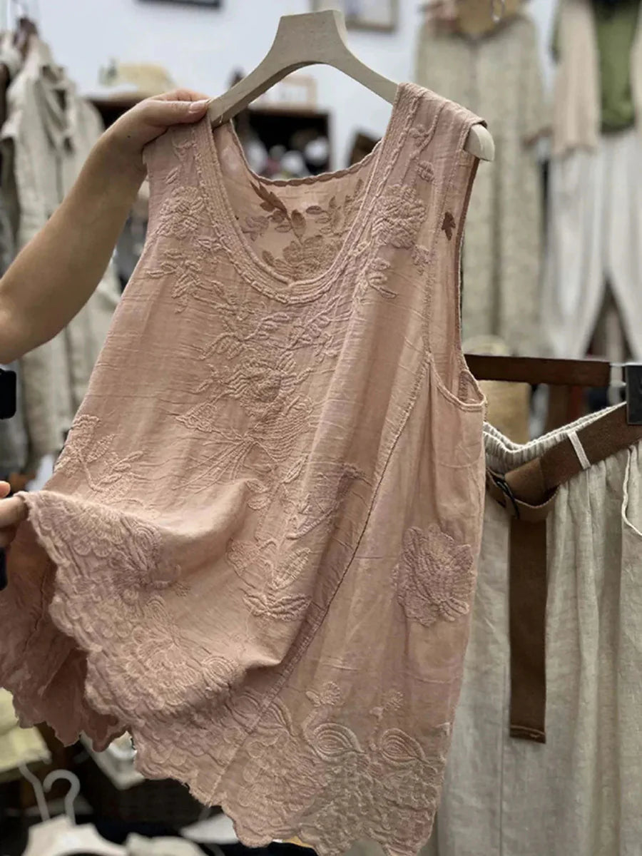Embroidered Sleeveless Round Neck Tank