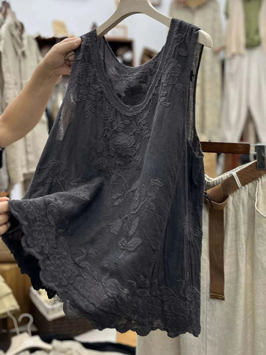 Embroidered Sleeveless Round Neck Tank