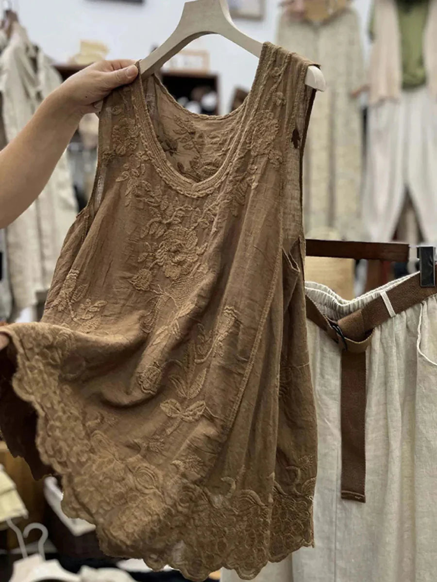 Embroidered Sleeveless Round Neck Tank