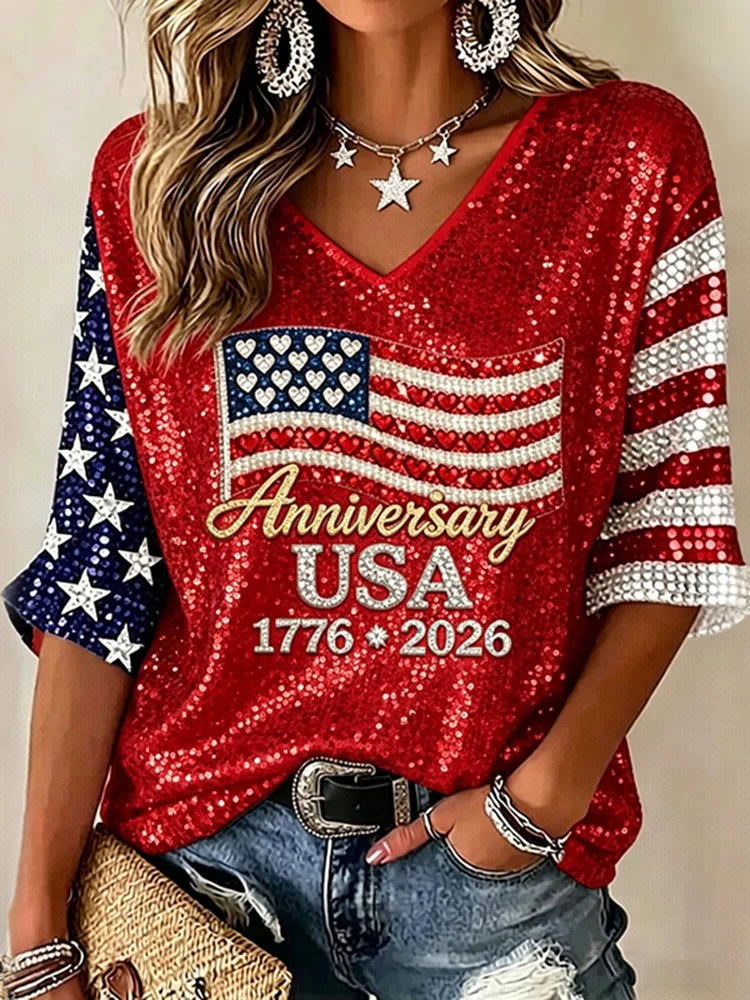 Half-Sleeve Anniversary Print V-Neck