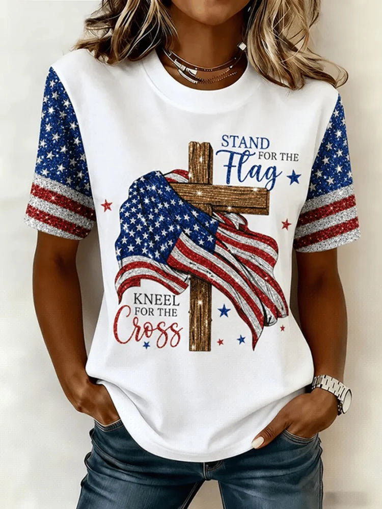 Short-Sleeve Flag and Cross Graphic T-Shirt