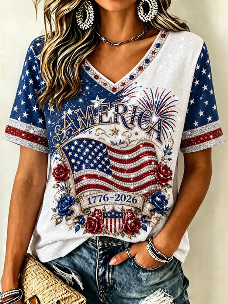 Short-Sleeve Patriotic Graphic V-Neck