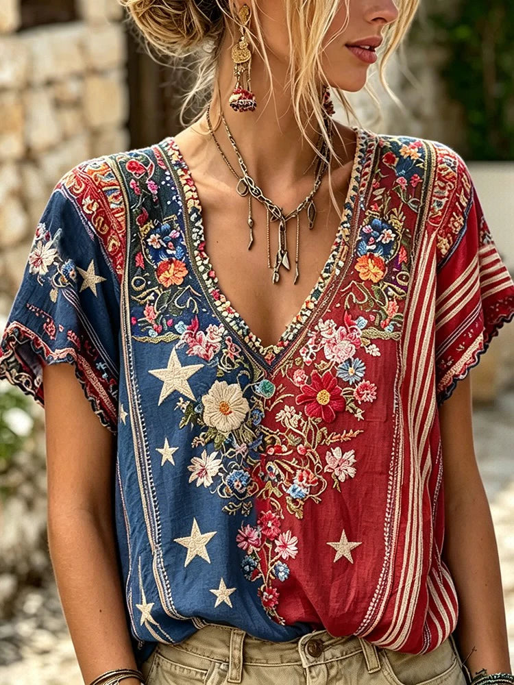 Short-Sleeve Floral Patriotic V-Neck