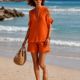 Orange Cutout Top And Shorts Set
