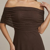 Off Shoulder Ruched Mesh Maxi Dress with Flowing Skirt