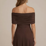 Off Shoulder Ruched Mesh Maxi Dress with Flowing Skirt