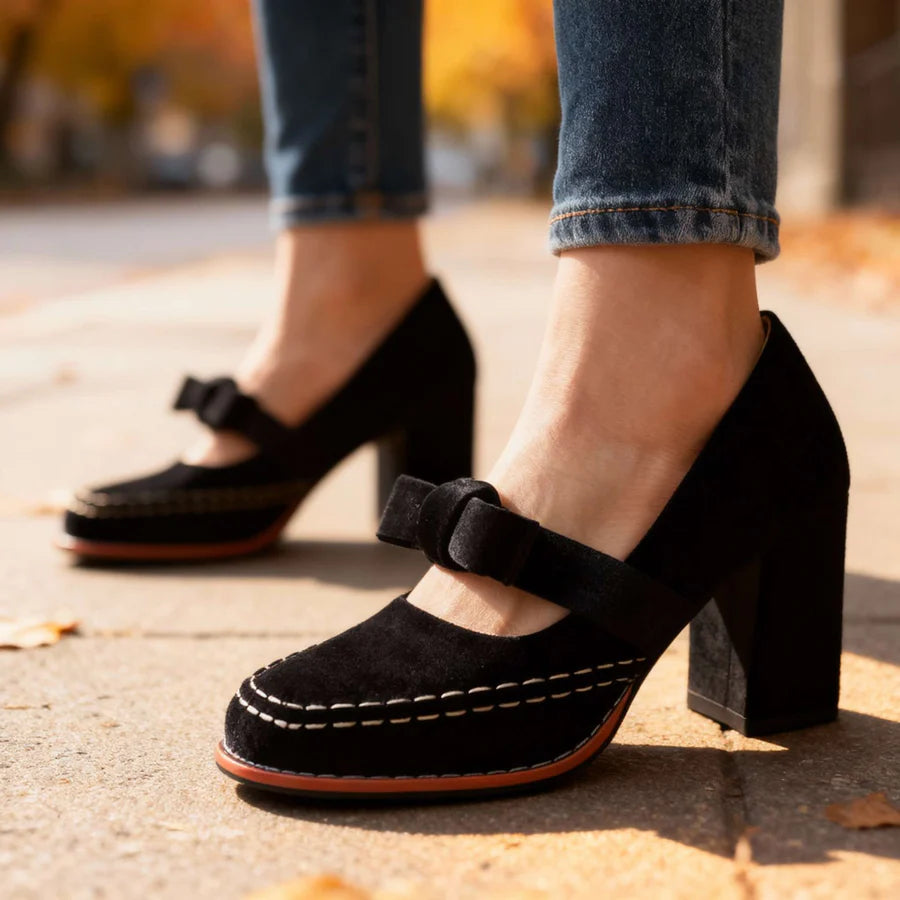 Velvet Bow Block Heel Loafers
