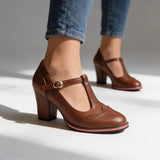 Brogue T-Strap Block Heel Loafers