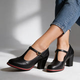 Brogue T-Strap Block Heel Loafers