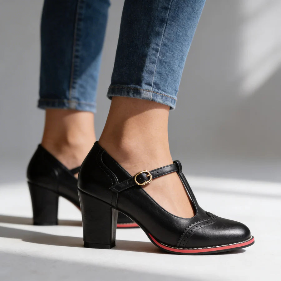 Brogue T-Strap Block Heel Loafers