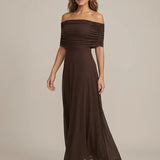 Off Shoulder Ruched Mesh Maxi Dress with Flowing Skirt