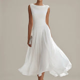 Sleeveless Pleated Midi Dress with Draped Neckline
