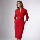 Mandarin Collar Belted Sheath Dress