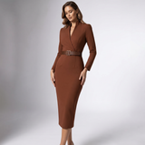 Mandarin Collar Belted Sheath Dress