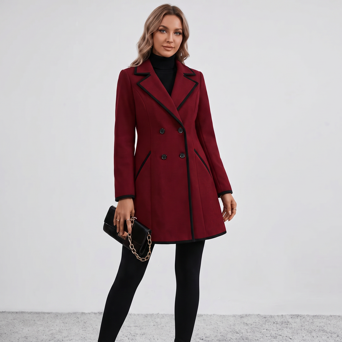 Double Breasted Contrast Trim Coat