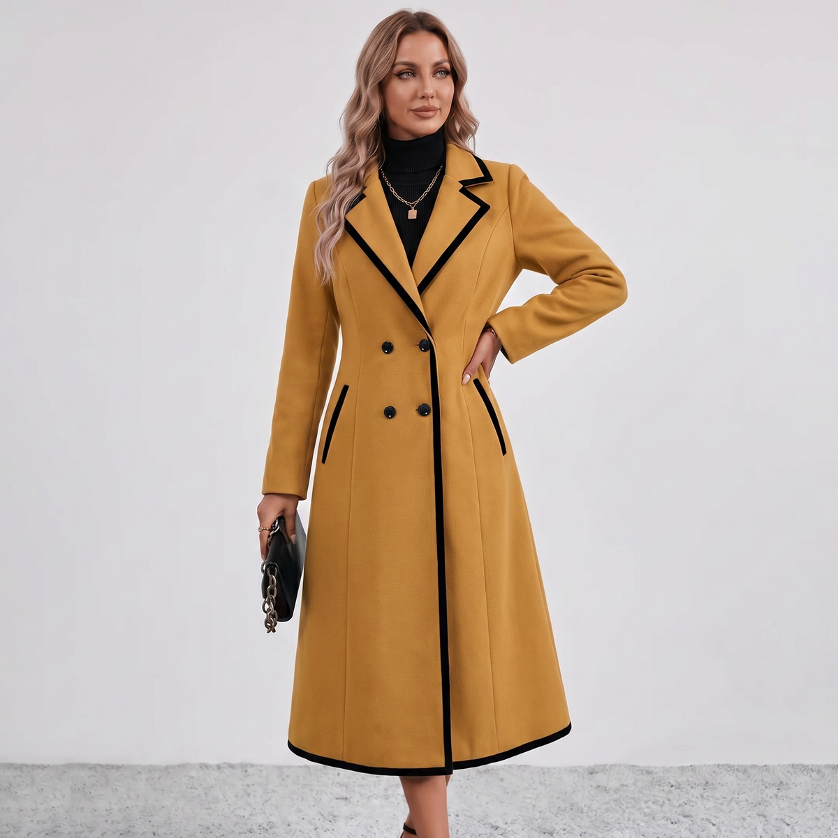 Double Breasted Contrast Trim Coat