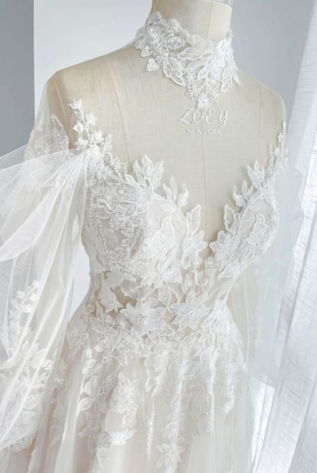 A-Line Court Train Floral Overlay Wedding Dress