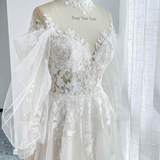 A-Line Court Train Floral Overlay Wedding Dress