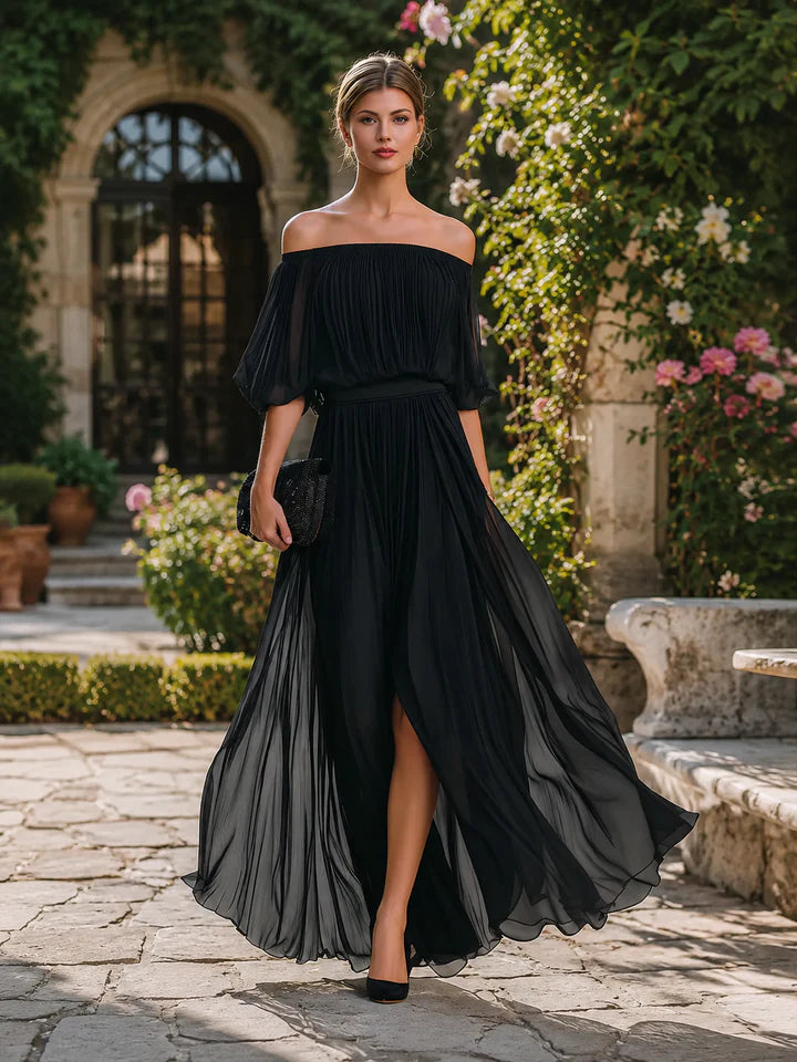 Off Shoulder Pleated Maxi Dress