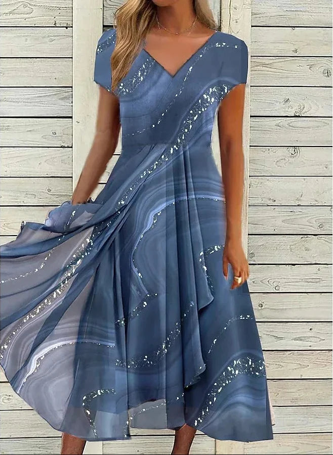 Abstract Print V-Neck Midi Dress