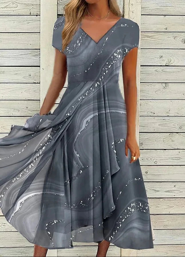 Abstract Print V-Neck Midi Dress