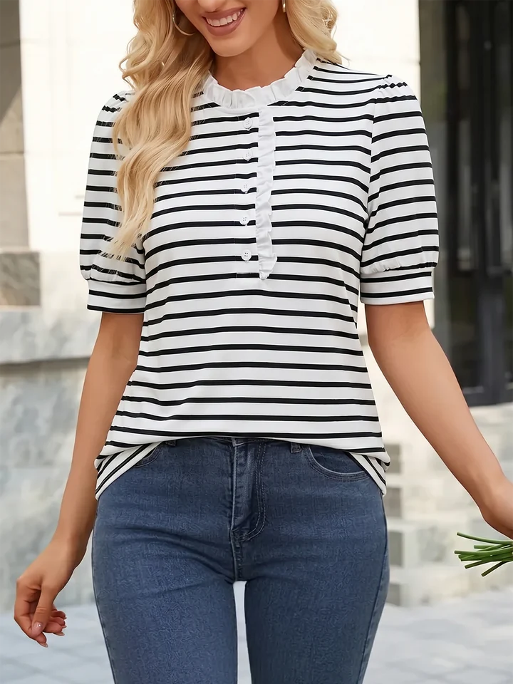 Ruffled Striped Puff Sleeve Blouse