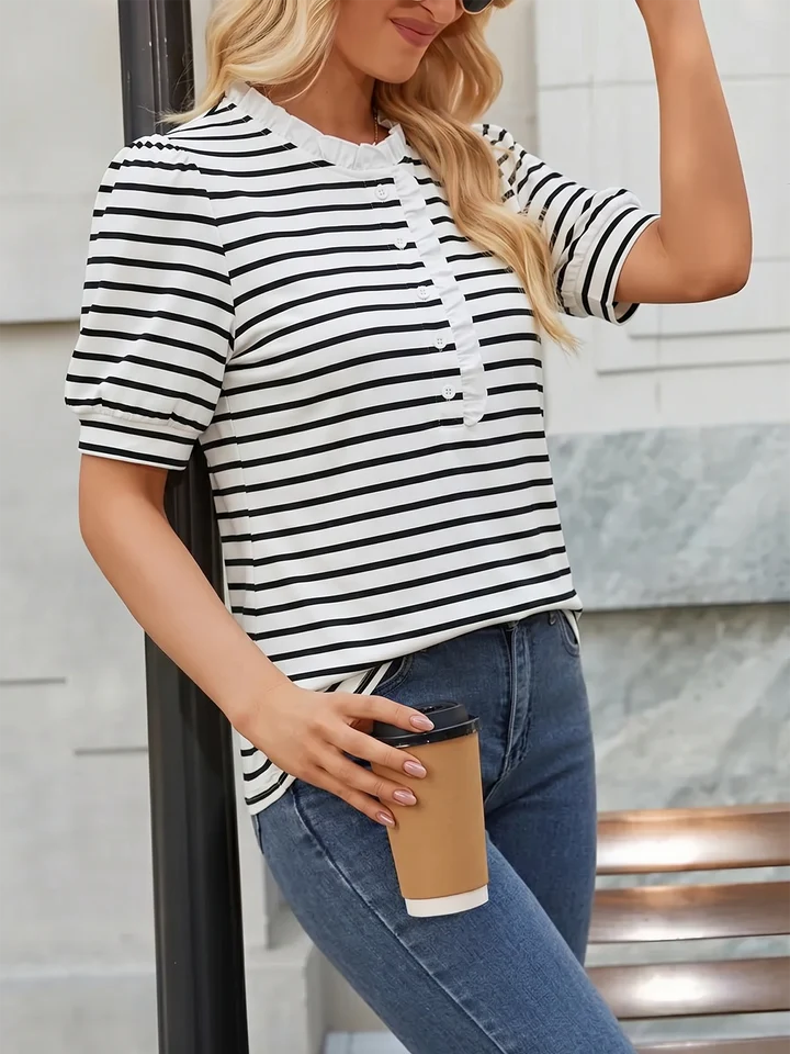 Ruffled Striped Puff Sleeve Blouse