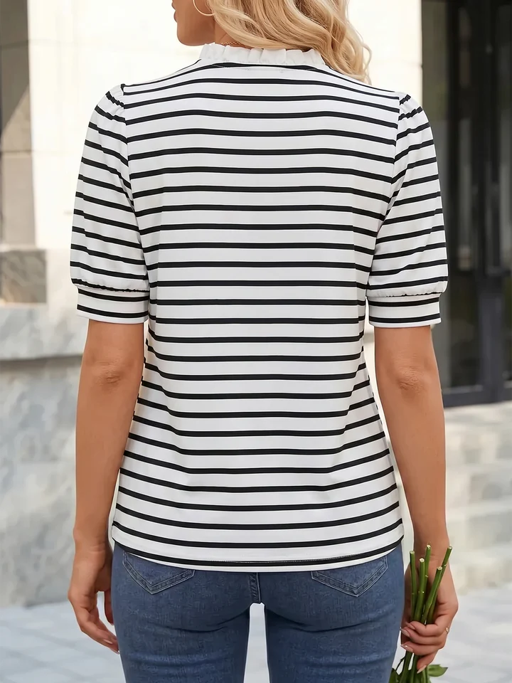 Ruffled Striped Puff Sleeve Blouse