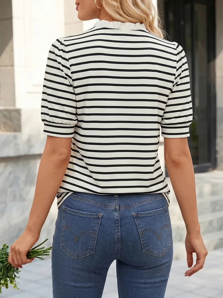 Ruffled Striped Puff Sleeve Blouse