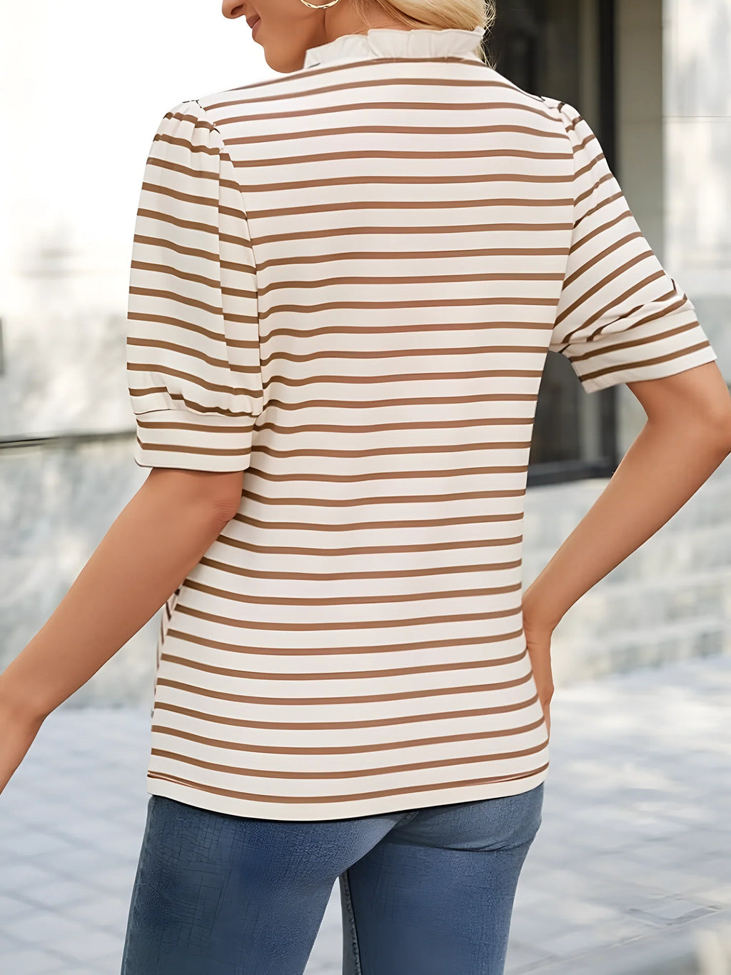 Ruffled Striped Puff Sleeve Blouse
