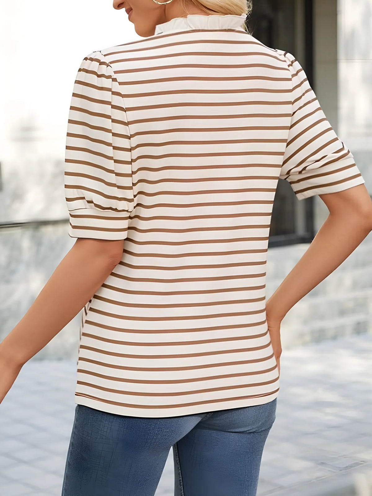 Ruffled Striped Puff Sleeve Blouse